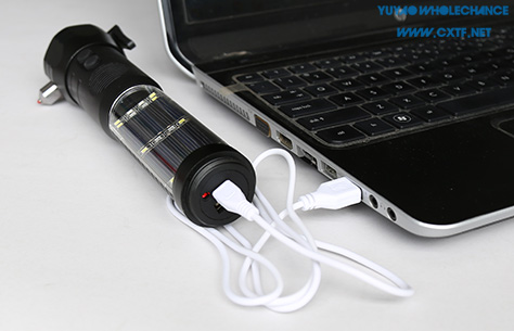 Solar Rechargeable Acousto-optic Alarm Self Rescue Safety Hammer Flashlight TL119F charge on computer